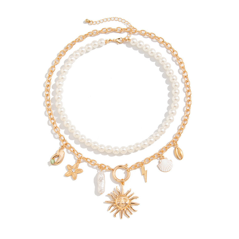 Boho twee pakketten verlichting hanger parel ketting ketting halsketting in ronde vorm met rozengoud